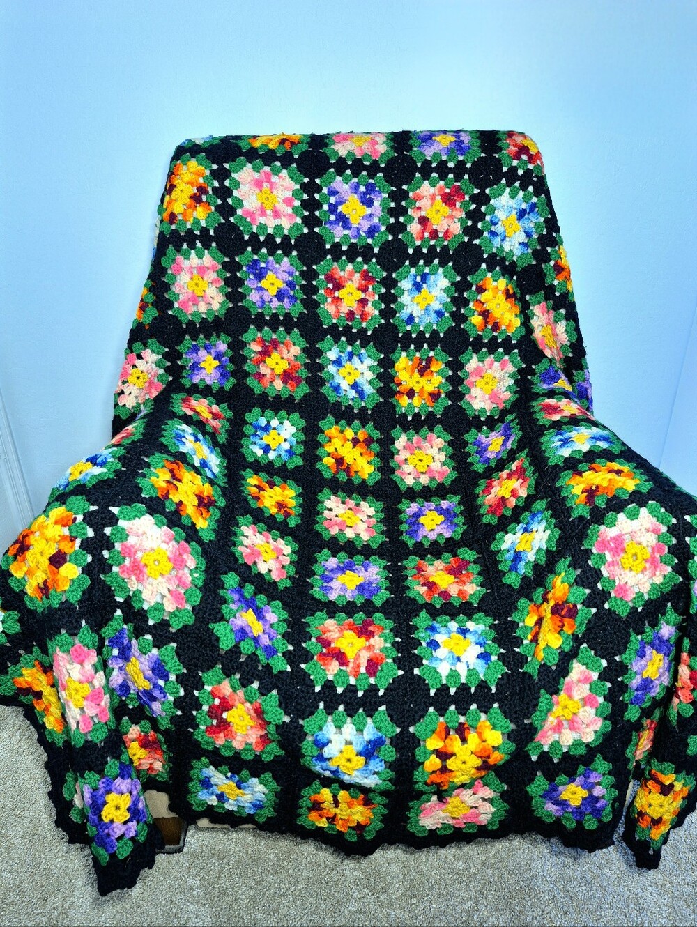 Vintage Roseanne Style Crochet Granny Square Afghan Blanket - 6.5' x 5